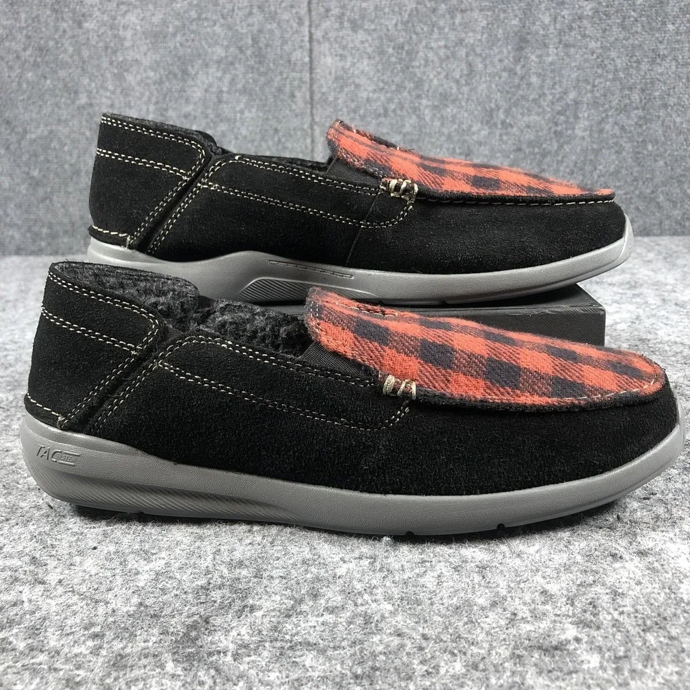 Clarks Shoes Mens Size 9.5 Black‎ Red Plaid Slip On Loafers Slippers Buffalo